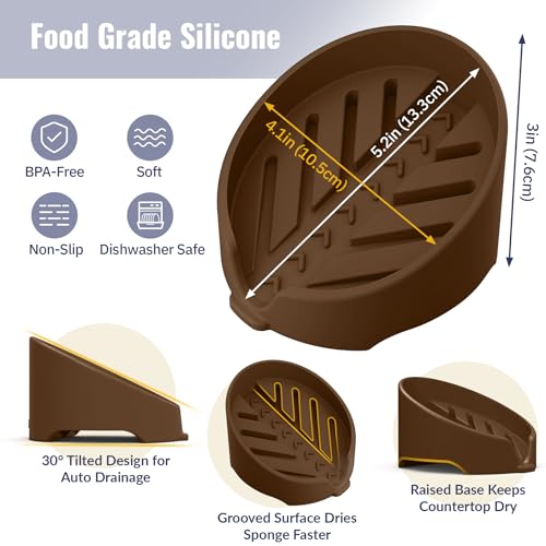 NiHome Silicone Sponge Holder for Kitchen Sink, Fits Scrub Daddy Mommy | Self-Draining Dispenser Organizer Tray, Sink Caddy Countertop Fits Soaps, Scrubber, Dishwasher Safe, Includes Brush - color: Coffee Brown