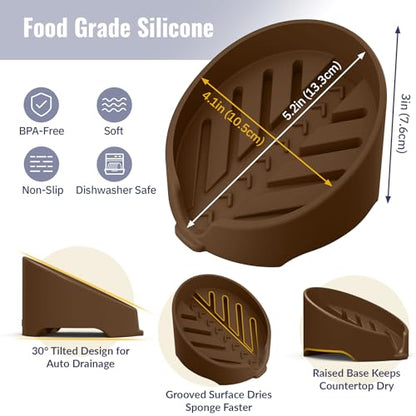 NiHome Silicone Sponge Holder for Kitchen Sink, Fits Scrub Daddy Mommy | Self-Draining Dispenser Organizer Tray, Sink Caddy Countertop Fits Soaps, Scrubber, Dishwasher Safe, Includes Brush - color: Coffee Brown
