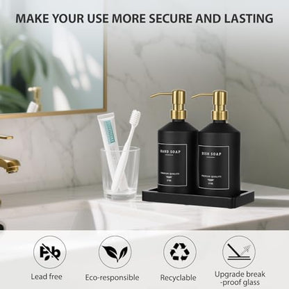 Black Glass Kitchen Hand and Dish Soap Dispenser Set, Bathroom Soap Dispenser Set with Tray and Stainless Steel Pump, Gold Kitchen Accessories (Black Bottle/Gold Pump) - color: Black Bottle + Gold Pump