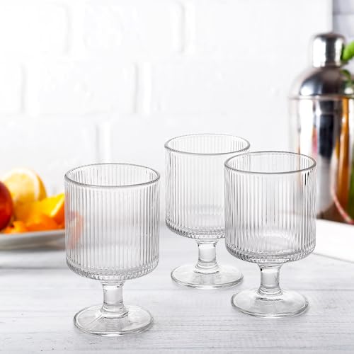 DEAYOU Set of 6 Ribbed Vintage Wine Glasses, 8 oz Clear Interlocking Ribbed Water Goblet Glasses, Unique Short Stem Cocktail Glasses for Iced Tea, Juice, Whiskey, Beer, Dessert, Party