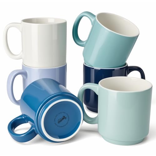 Sweese Stackable Coffee Mugs - 10 Oz Porcelain Cups for Specialty Coffee Drinks, Cappuccino, Cafe Mocha, Latte and tea, Set of 6, Cool Assorted Colors - color: Blue Series, size: 10 Ounces
