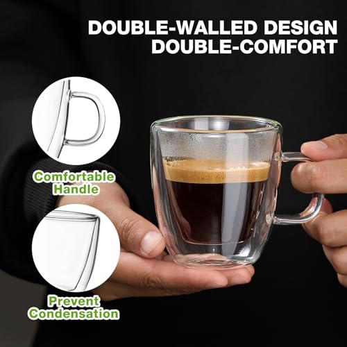 Mfacoy Glass Double Wall Insulated Espresso Cups (Set of 2), 5.4 oz Shots Cup with Handle, Insulated Glasses Mugs, Small Coffee Cups, Shot Glass - size: Espresso Cups