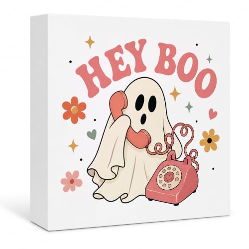 Hey Boo Halloween Ghost Wood Box Sign, Pink Halloween Ghost Indoor Decor Sign, Spooky Halloween Farmhouse Home Table Desk Shelf Decorations 5x5 Inch - color: Ghost