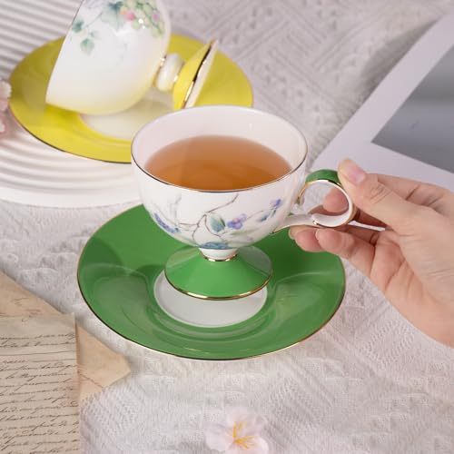 KAMMAK Tea Cups Set of 2,Ceramic Floral Pattern Demitasse Cup | Porcelain Espresso Cup with Saucer, 7.44 oz Handmade Elegant Bone China Tea Cups for Latte, Americano, Cappuccino - color: Grape + Blueberry