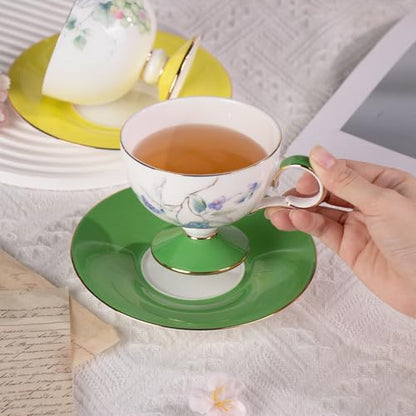 KAMMAK Tea Cups Set of 2,Ceramic Floral Pattern Demitasse Cup | Porcelain Espresso Cup with Saucer, 7.44 oz Handmade Elegant Bone China Tea Cups for Latte, Americano, Cappuccino - color: Grape + Blueberry