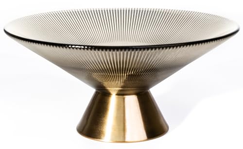 Tapered Glass Decorative Bowl(Coffee Brown) ,9.8 Inches Handblown Striped Design Glass Bowl with Rust Resistant Metal Base,Decor Fruit Bowl for Home Decor,Table Centerpiece,Kitchen Island,Dining Decor - color: Brown