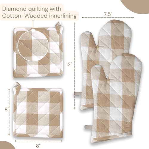 Buffalo Plaid Check Oven Mitts and Pot Holders Set, 100% Cotton, Heat Resistant, Includes 2 Oven Gloves (7x13 Inches) and 2 Hot Pads (8x8 Inches) for Cooking and Baking, Beige White - color: Beige, Buffalo Plaid