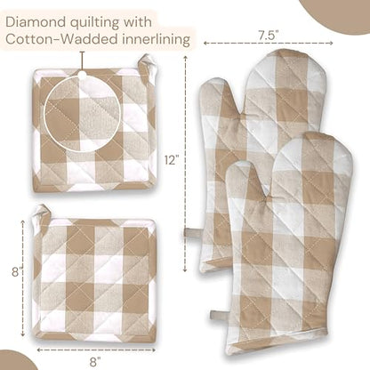 Buffalo Plaid Check Oven Mitts and Pot Holders Set, 100% Cotton, Heat Resistant, Includes 2 Oven Gloves (7x13 Inches) and 2 Hot Pads (8x8 Inches) for Cooking and Baking, Beige White - color: Beige, Buffalo Plaid