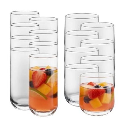 Libbey Ascent Tumbler & Rocks Drinking Glasses Set of 16, Clear Glass Cups | 16.25 oz & 12.25 oz Capacities Glasses for Water, Juice, Cocktails, and More with Curved Design and Dishwasher-Safe Care - color: 01 - Ascent
