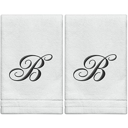 Monogrammed Towels Fingertip, Personalized Gift, 11 x 18 Inches - Set of 2- Black Embroidered Towel - Extra Absorbent 100% Cotton- Soft Velour Finish - For Bathroom/ Kitchen/ Spa- Initial B (White) - color: B