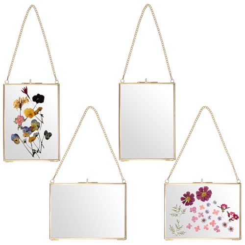 JUXYES 5x7 Hanging Double Glass Floater Picture Frame for Pressed Flowers | 4 Pack Horizontal & Vertical Brass Frame with Chain for Dried Flowers, Gold Floating Frame Ornament for Plant Specimen DIY - color: Gold, size: 5" x 7"