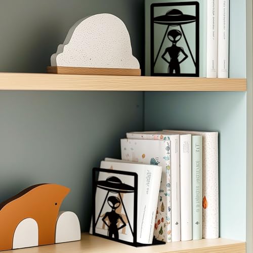 Alien Theme Bookends for Shelves, Spaceships and Aliens Book Ends Decorative Books Desk Organizer Book Stoppers to Hold Books Heavy Duty, Unique Bookshelf Decor for Home Decor - style: Alien