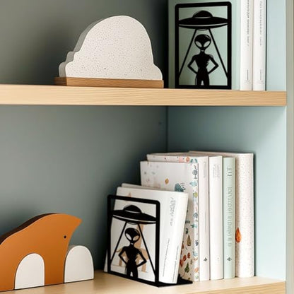 Alien Theme Bookends for Shelves, Spaceships and Aliens Book Ends Decorative Books Desk Organizer Book Stoppers to Hold Books Heavy Duty, Unique Bookshelf Decor for Home Decor - style: Alien