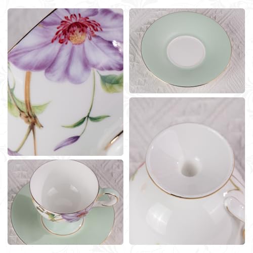 KAMMAK Tea Cups Set of 2,Ceramic Floral Pattern Demitasse Cup | Porcelain Espresso Cup with Saucer, 7.44 oz Handmade Elegant Bone China Tea Cups for Latte, Americano, Cappuccino - color: Begonia + Passionflower
