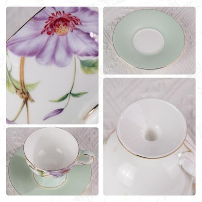 KAMMAK Tea Cups Set of 2,Ceramic Floral Pattern Demitasse Cup | Porcelain Espresso Cup with Saucer, 7.44 oz Handmade Elegant Bone China Tea Cups for Latte, Americano, Cappuccino - color: Begonia + Passionflower