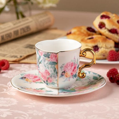 KAMMAK Tea Cups and Saucers Set of 2, 4 oz Porcelain Coffee Cups, YX013 | Stackable Espresso Mugs, Ceramic Demitasse for Coffee, Cappuccino, Latte, Americano, Tea - size: 8CZYX013