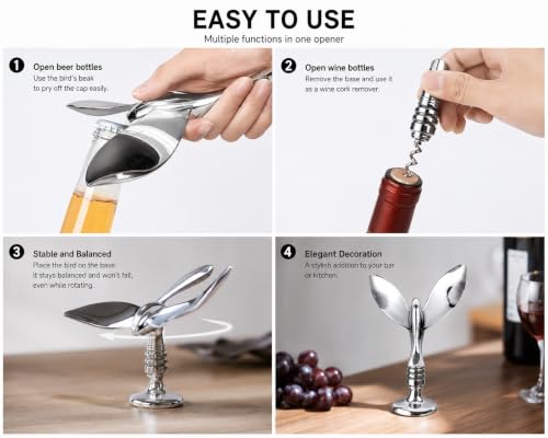 2-in-1 Silver Balancing Bird Bottle Opener & Wine Corkscrew Set – Gravity Defying Bird Beer Opener with Hidden Base Wine Tool – Unique Home Bar Decor & Aesthetic Novelty Gift for Wine Lovers
