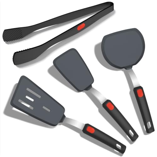 Beijiyi 4-Piece Silicone Spatula Turner and Tongs Set, 600°F Heat Resistant | BPA Free, Nonstick Cookware & Ceramic Pan Safe, Flexible for Cooking, Flipping, Non-Toxic Kitchen Utensils, Dishwasher Safe