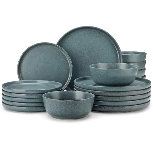 vancasso ZERMATT 18 Pieces Stoneware Dinnerware, Plates and Bowls Set for 6 | Dinnerware Set for 6 in Smoky Teal Reactive Glaze Stoneware, Kitchen Dinner Set, Microwave and Dishwasher Safe - color: Smoky Teal, size: 18 Pcs (Service for 6)