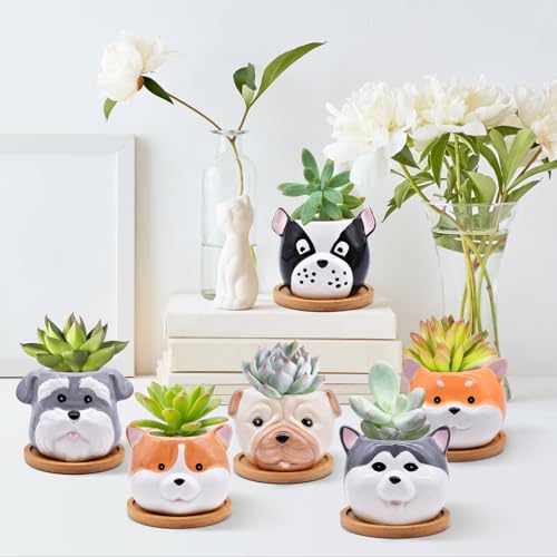 6 Pack Cute Dog Succulent Pots with Drainage – Ceramic Puppy Planters for Small Plants & Cactus, Animal Shaped Mini Flower Pots, Desk & Home Décor, Gift for Dog Lovers, Office, Balcony, Garden - style: Dog