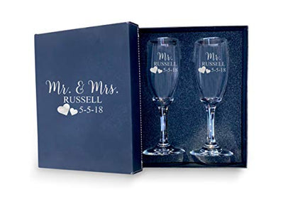Mr and Mrs Wedding Toasting Champagne Flutes with Box, Set of 2 Glasses With Box, Laser engraved Tosting Flutes Engraved Personalized Glasses for Bride and Groom - color: Wedding-16, style: Glasses + Gift Box
