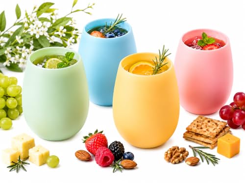 Silicone Wine Glasses Set of 4 Pastel Colors, 12 oz Break-Resistant, Flexible & Shatterproof Stemless Cups for Wine, Cocktails, or Outdoor Use Reusable Glassware - color: Pastel
