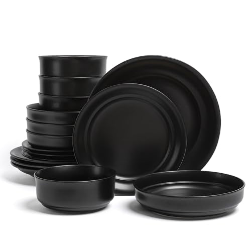 over&back Rim Dinnerware Set - Stoneware Dishes - Comes with 4 Dinner Plates, Salad Plates, Cereal Bowls, and Dinner Bowls - 16-Piece All-Occasion Place Settings - Serves Four - Semi-Matte Black - color: Black, size: Dinner Set | 16 Pieces