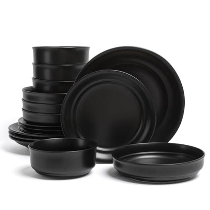over&back Rim Dinnerware Set - Stoneware Dishes - Comes with 4 Dinner Plates, Salad Plates, Cereal Bowls, and Dinner Bowls - 16-Piece All-Occasion Place Settings - Serves Four - Semi-Matte Black - color: Black, size: Dinner Set | 16 Pieces