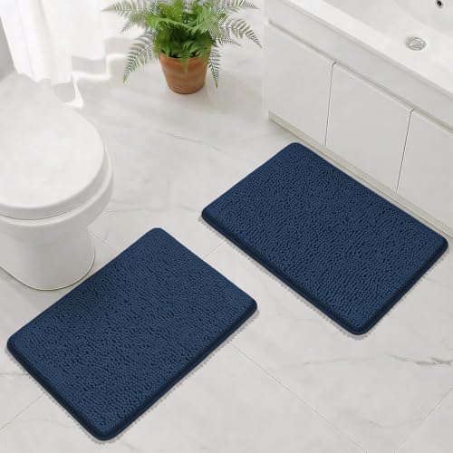 Bcoimo Bath Rug Mat Sets, 2 Piece High Absorbent Chenille Bathroom Mat Navy | Non Slip with Rubber Backing 24x17 Bath Mat set; Machine Washable;Extra Soft Bath Rug;High Absorbent、Quick Dry Microfiber mat - color: Navy, size: 24×17 Plus 24×17