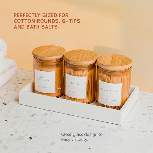Mini Glass Apothecary Jars with Bamboo Lids, Small Bathroom and Kitchen Storage Containers, For Cotton Balls, Pads and Swabs, 10 oz, Set of 3 (Amber) - color: Amber