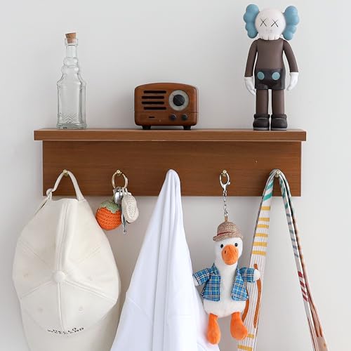 Marine Plywood Wall Mounted Coat Rack with Shelf & Key Hooks, 5 Brass Hooks Entryway Organizer, Modern Floating Shelf for Bedroom Hallway, Space-Saving Home Storage Rack (1, Teak Finish) - color: Teak Finish
