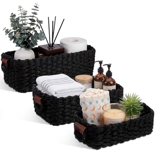 Black Set of 3 Paper Rope Storage Baskets, Large Medium Small Woven Nesting Storage Container with Handles for Closet, Pantry, Bathroom, Shelf Organization Rustic Farmhouse Decor - color: Black