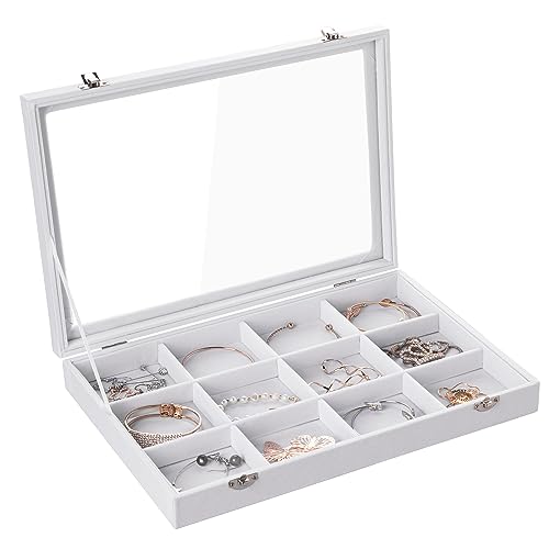 12 Grid Bracelet Holder Box,Velvet Jewelry Tray with Clear Lid | Real Glass Lid,Bracelet Display,Jewelry Organizer for Bangle Brooch,Adjustable Divider,Dustproof Design,13.8×9.5Inches - color: White, size: 12 Grid