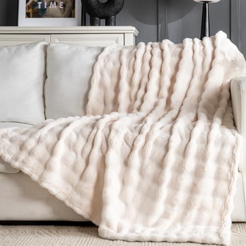 Off White Faux Fur Throw Blanket for Couch, Soft Fluffy Bubble Blanket for Bed Sofa, Thick Warm Plush Fuzzy Rabbit Fur Blanket for Fall and Winter, 50"X 60" - color: Beige, size: throw(50x60)