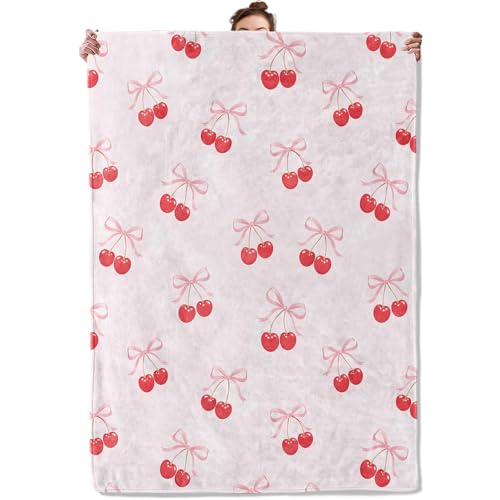 Cherry Bow Throw Blanket, Cute Pink Ribbon and Red Fruit, Soft Flannel Fleece, 50x60 Inch, Bedroom Sofa Dorm Blankets for Girls Women, Cozy Sweet Minimalist Home Decor Gifts - color: Cherry, size: 60x50 INCH