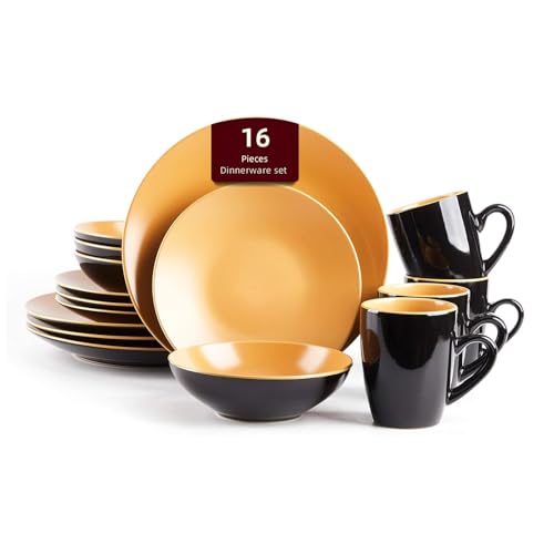HomeVss Stoneware Two-Tone Colors Life 16pc Dinner Set，Outside Shiny Black + Inside Matte Glaze Curry - color: Curry, size: 16pc Set