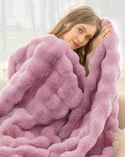 Ultra Soft Cozy Faux Fur Throw Blanket, Fuzzy Plush Thick Bubble Blanket, Oversize Luxury Fluffy Blanket for Couch, Bed, and Living Room, 60x80 Inches, Pink - color: Pink, size: Twin