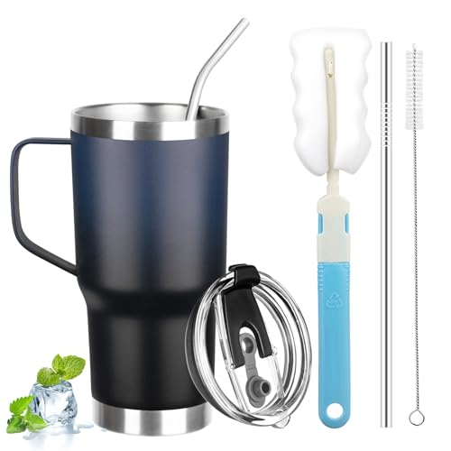 20 oz Tumbler with Handle, Stainless Steel Insulated Tumbler with Lid and Straw, Double Wall Vacuum Coffee Mug Cup, Insulated Coffee Thermal Cup for Cold and Hot (Blue Black) - color: Blue/Black, size: 20 Ounces