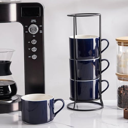 10oz Porcelain Stackable Coffee Mugs and Metal Stand Set of 4, Espresso Cups Set for Hot Drinks, Cappuccino, Tea-Blue - color: Navy