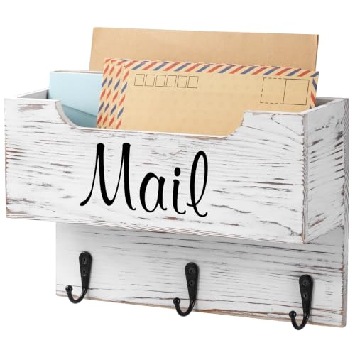 DRASTAR Small Mail Organizer Wall Mounted,Wooden Mail & Key Holder for Wall, Hanging Mail Organizer,Retro White - color: Retro White, size: Small