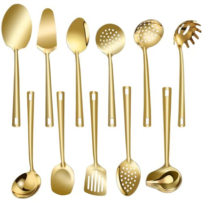 Lazycorner Cooking Utensil Set 11 Pcs Stainless Steel Kitchen Utensils Set Wok Utensils Kitchen Tool Set Spatula Set Heat Resistant Metal Kitchen Tools Ergonomic HandleEasy to Clean Dishwasher Safe - color: Gold