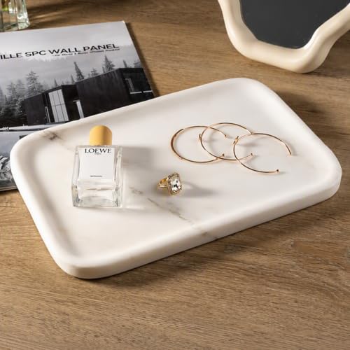 Marble Tray, 12"x8" Marble Vanity Tray for Countertop Bathroom Kitchen Dresser, Decorative Catchall Trays for Perfume Jewelry, Rectangular Stone Serving Tray(Oriental Calacatta - color: Oriental Calacatta