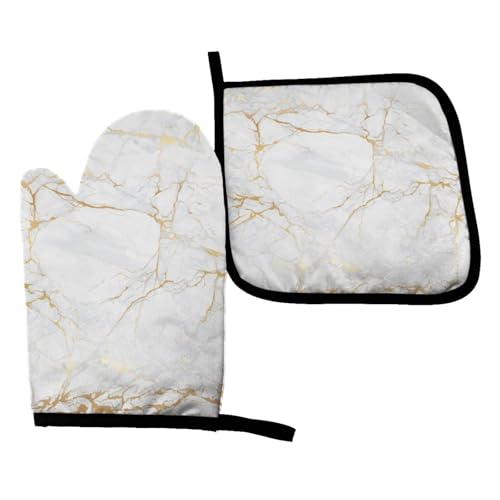 Perinsto White Gold Marble Oven Mitts & Pot Holders Kitchen Set Heat Resistant Decorative Cooking Gloves Microwave Oven Gloves for Baking Grilling BBQ - color: White Gold Marble, size: Set of 2