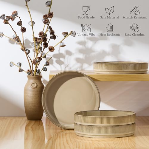 E-far Pasta Bowls Set of 4, 35oz Large Salad Bowl Plate for Dinner Serving, Wide & Shallow Ceramic Stoneware Pasta Plate, Microwave & Dishwasher Safe, Reactive Glaze Textured Stripe, Caramel Khaki - color: Caramel Khaki