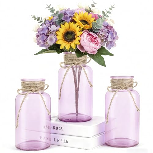 3 Pack Mason Jar Vases for Centerpieces, Purple Glass Flower Vase | Vintage Farmhouse Rustic Decorative Jars for Wedding Party Baby Shower Table Decor, Wide Mouth Mason Jars with Twine Bulk - color: Purple
