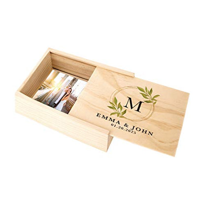 Koyal Wholesale Custom Monogram Willow Leaves Wreath Wedding Keepsake Box, 4 x 6 -inch, Custom Names, Date, Natural Wood - color: Monogram Willow Leaves Wreath