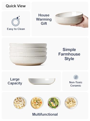 LE TAUCI Pasta Bowls 46oz, Large Salad Bowl, Ceramic Embossment Stoneware Serving Plate Bowl for Fruits, Noodle, Dinner, House-warming Wedding Present - 9 Inch, Set of 4, Arctic White - size: 9 Inch