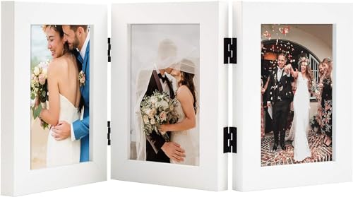 Golden State Art, 4x6 Triple Picture Frame White- Real Glass, 1 Pack | Trifold Photo Frame Vertical Display for Desktop - Three Folding Picture Collage - color: White, size: 4x6(1 Pack)