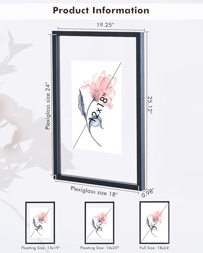 DLQuarts 18x24 Floating Picture Frame for 16x20/13x19/12x18/11x14 Photos, 2-Pack Solid Wood Double Plexiglass Wall Art Frames, Any Size Photo up to 18x24 Display, Black - color: Charcoal Black, size: 18x24