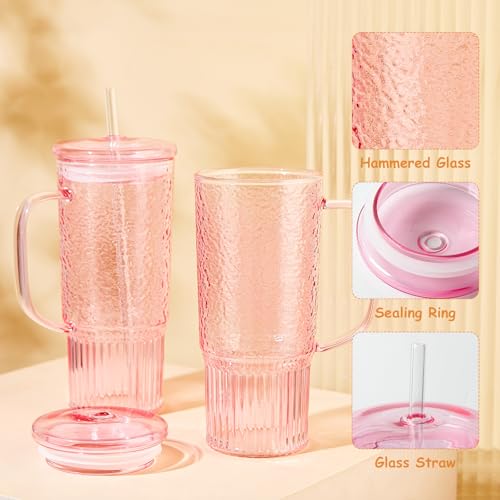 JunVpic Glass Tumbler, 24 oz Glass Cup with Lid, Straw and Handle | Pink glass design, Hammered Texture, reusable straw and lid for iced coffee, tea, smoothies and hot & cold drink - color: Pink, size: 24oz